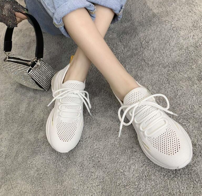 Women's mesh knitted casual shoes elastic and breathable summer sneakers light outdoor women's lace up shoes in solid color