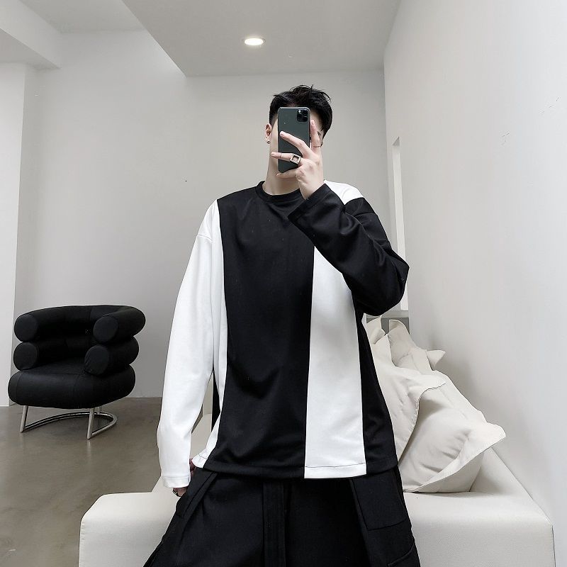 IEFB / men's wear classic black white contrast color stitching round collar t-shirs for male long sleeve oversize tops 9Y3899 210524