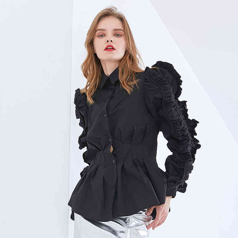 Elegant Solid Shirt For Women Lapel Ruffle Sleeve Tunic Minimalist Blouse Female Fashion Clothing Spring 210524