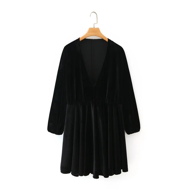 Women Deep V-neck Velvet Mini Dress Femme Nine Quarter sleeve Dresses Casual Lady Loose Clothes Vestido D6575 210430Z