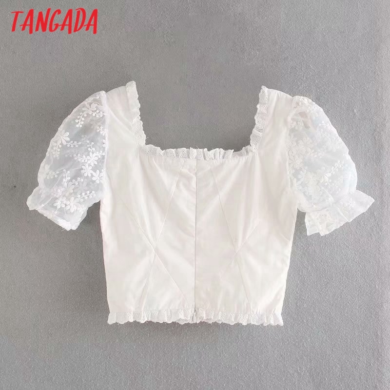 Women Retro Mesh Patchwork Crop Short Sleeve Summer Chic Female Sexy Slim Shirt Tops 3D45 210416