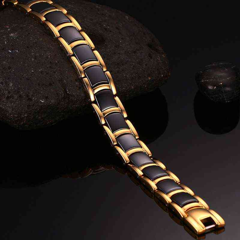 Vinterly Steel Magnetic Bracelet Male Black Ceramic Energy Germanium s Men Hand Chain Gold Color Hologram 211124