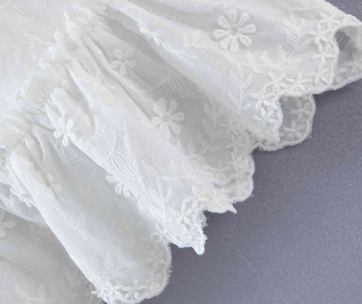 Summer 3D Flower White Short Sleeve Dress Retro Slim Waist Hem Wood ears Ruffles Women Mini Dresses Holiday 210429