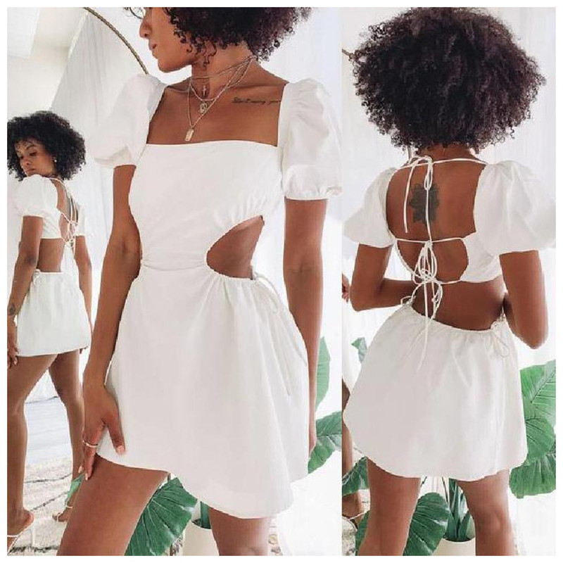 Summer Sexy Backless Women's Mini Dress 6 Color Square Collar Lace Up Hollow Out Puff Short Sleeve A-Line Female 210522