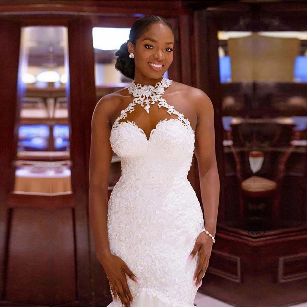 Arabic Aso Ebi White Lace Mermaid Wedding Dresses Halter Illusion Nude Tulle Neck Appliques Bridal Gowns Custom Luxury Vintage African Plus Size Bride
