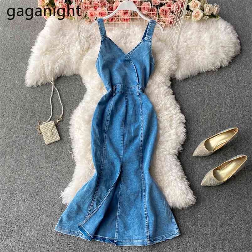 Womens Summer Denim Dresses Sexy V Neck Slim Spaghetti Straps Jeans Back Split Bodycon Long Trumpet 210601