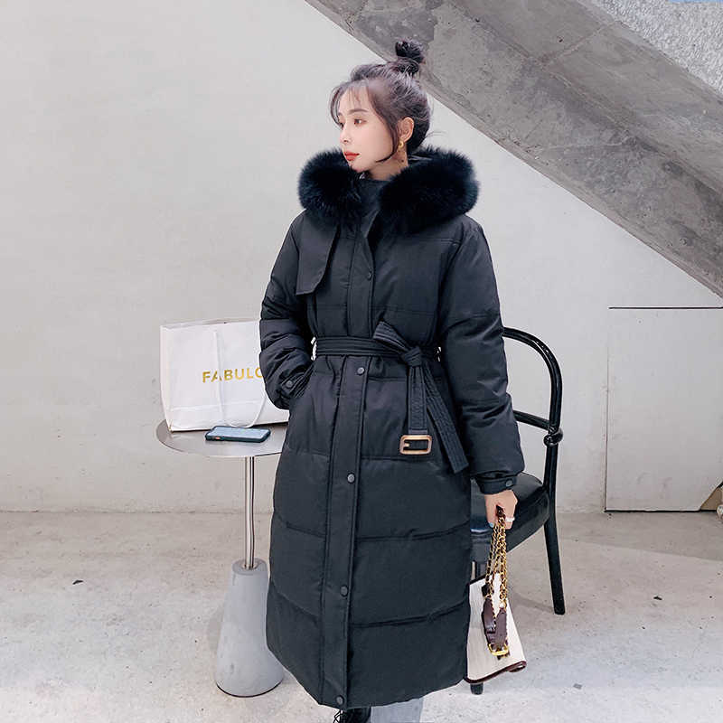 Yedinas Winter Long Coat Women Hooded Parka Ladies Thick Warm Jacket With Belt Elegant Big Fur Collar Coats Female 210527