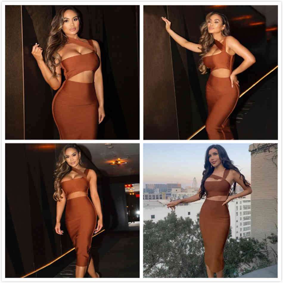 Free Women's Irregular Bandage Dress Sexy Sleeveless Hollow Bodycon Midi Brown Club Party Vestidos 210524