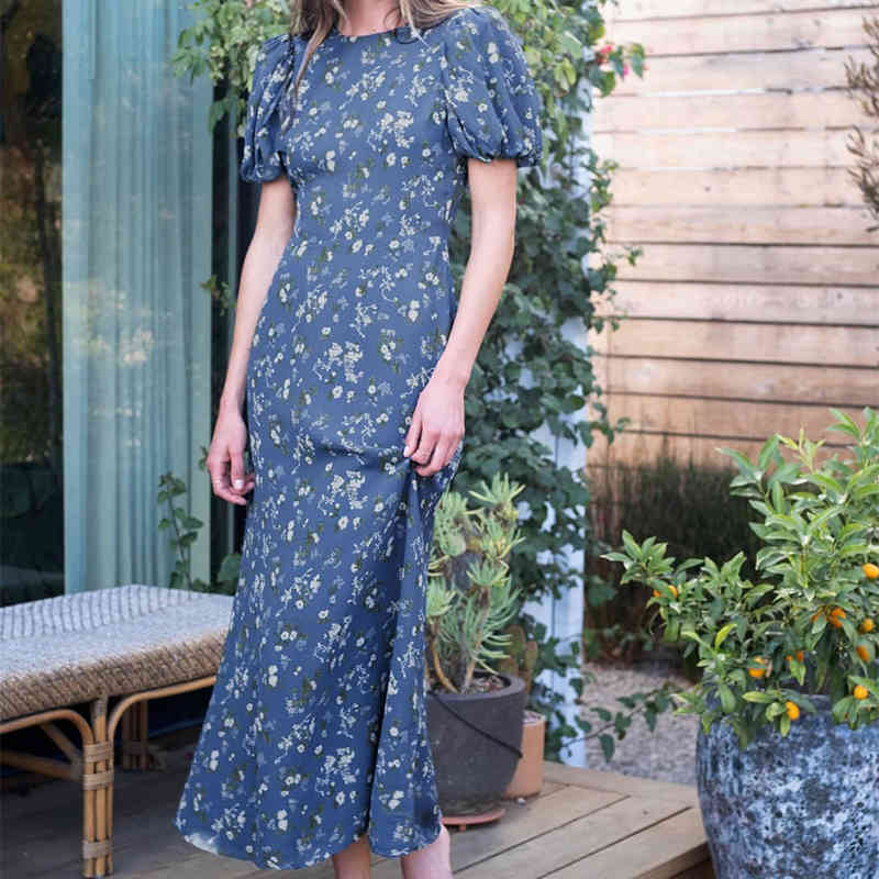 YENKYE Vintage Prairie Chic Floral Print Dress Women O Neck Short Sleeve A-line Holiday Long Dress Female Summer Chiffon Robe 210515