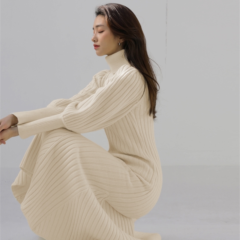 High Quality Autumn Winter Thick Mermaid Knit Sweater Dresses Elegant Lanthern Sleeve Slim Mid-Length Female 210519