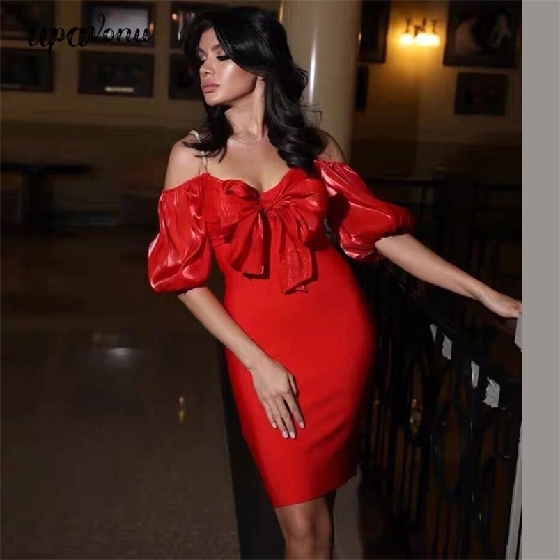 Free Women's Satin Patchwork Bandage Dress Sexy Knit Strap Bowknot Lantern Sleeve Bodycon Club Party Dresses 210524