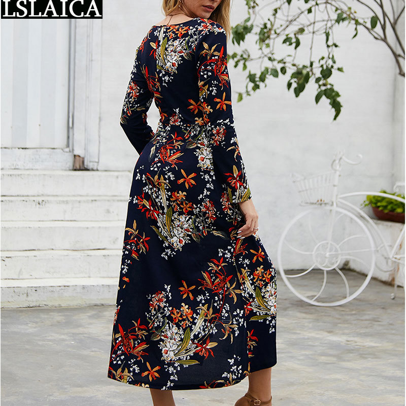 Maxi Dresses for Women Vintage Floral Print Long Sleeve V Neck Split Dress Autumn Fashion High Waist Party Vestido Feminino 210515