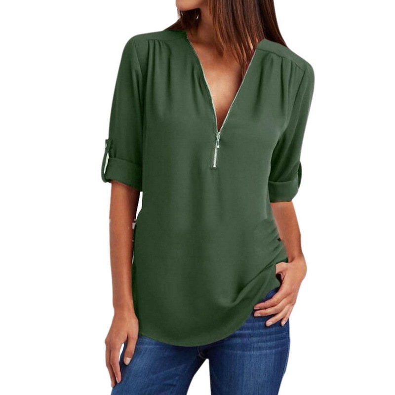 Women Blouses Summer Elegant V Neck Roll Up Long Sleeve Zipper Tunic Chiffon Tops Casual Loose Blue Shirt Female S-5XL Plus Size 210522