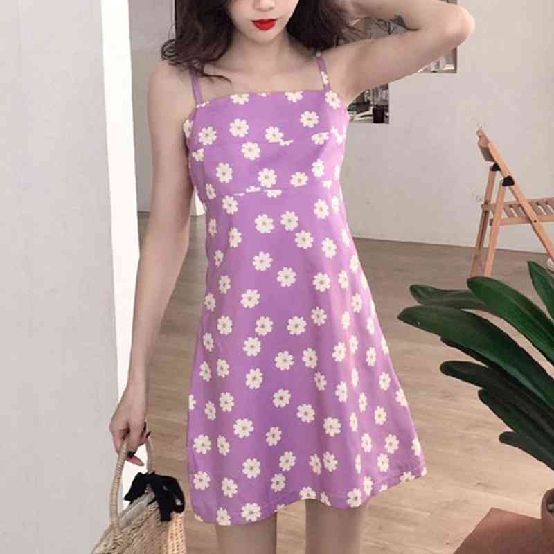 Korean fashion mini beach dress elegant women spaghetti strap sleeveless backless vintage floral short evening party dresses 210521