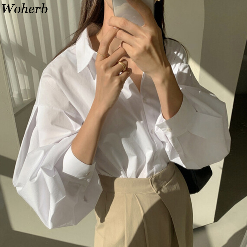 Woman Blouse Korean Spring Mint Green Single-breasted Tops Women Clothing Loose Lantern Sleeve Shirt Blouses Blusas Mujer 210519