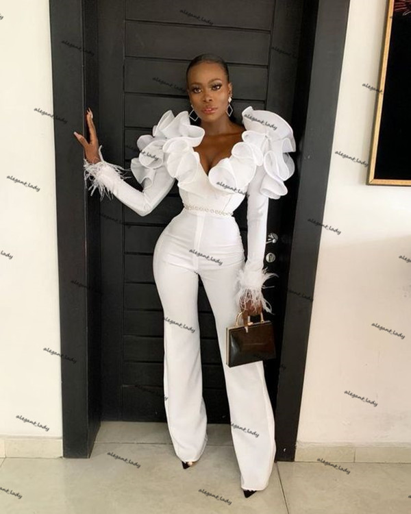 Plus Size Wedding Jumpsuit Dresses with Beaded Belt Ruffles Neck Long Sleeve African Nigerian Bridal Gowns with Pant Suit Robes