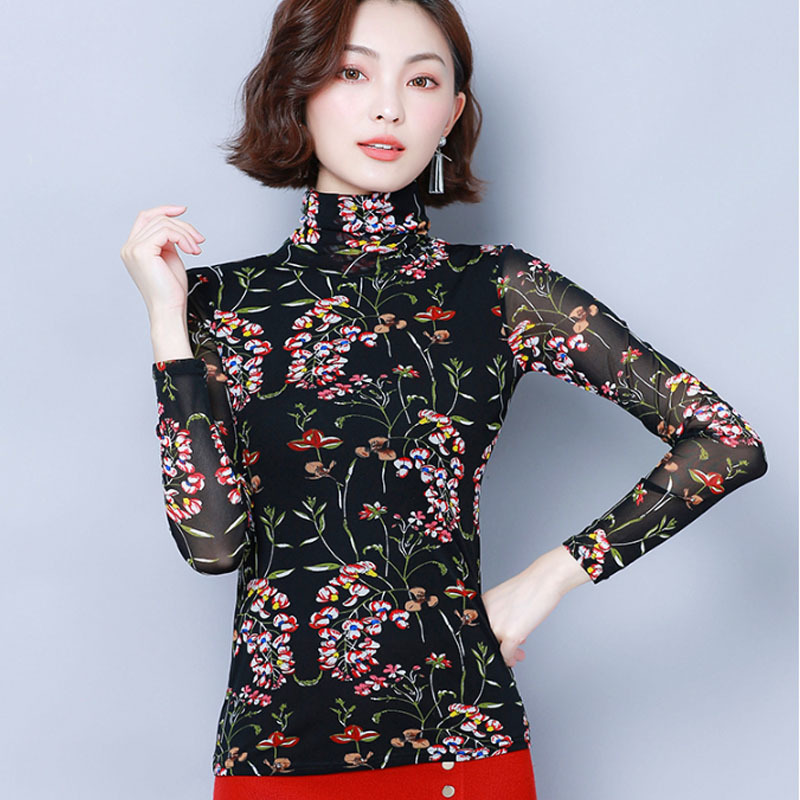 Autumn Fashion Women Thin Blouses Long Sleeve Turtleneck Tops Casual Printed Floral Clothing 6127 50 210506