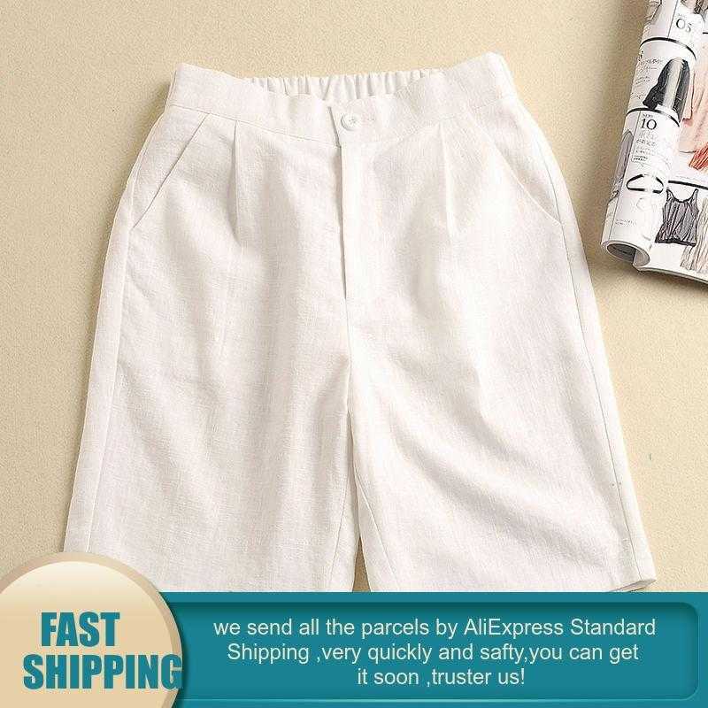Plus Size Loose Women's Shorts Casual Cotton Linen Summer Solid Color High Waist Fashion Trousers 210714