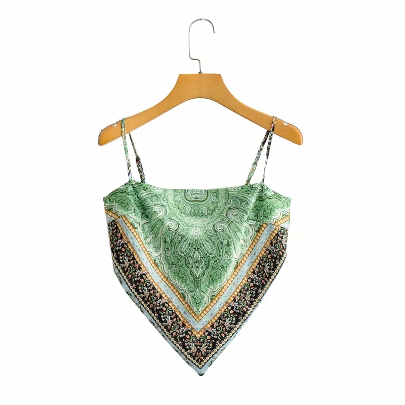 Casual Woman Green Slim Print Spaghetti Strap Cropped Top Summer Sexy Ladies Backless Beach Camisole Female Chic Tanks 210515