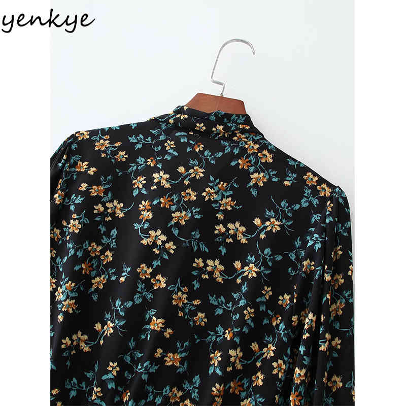 YENKYE Summer Dress Women Vintage Floral Print Vestido Mujer Bow Tie Collar Long Sleeve A-line Casual Dress Short Robe 210515