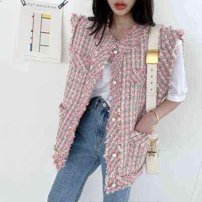 Women's Clothing Autumn Small Fragrant Pearl Buttons Tweed Vest Jacket Loose Fitting Single Breasted Vest 211106