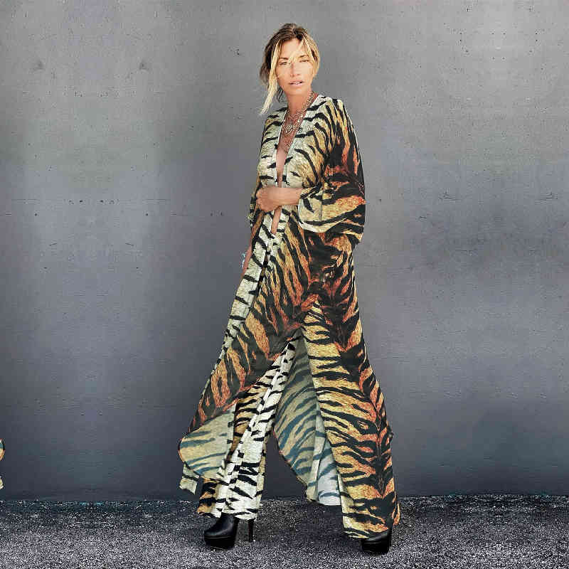 Yellow Sexy Tiger Striped Chiffon Bikini Cover-ups Plus Size Kimono Dress Summer Women Beach Wear Swim Suit Cover Up A866 210420