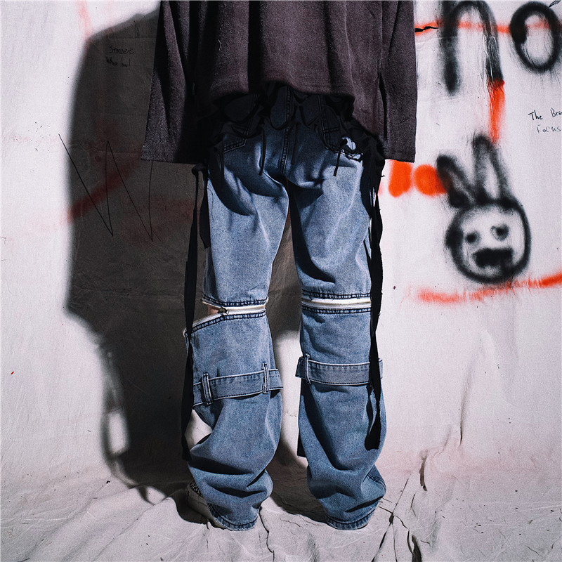IEFB Streetwear Zipper Detachable Wide Leg Jeans Men's Fashion Hip Hop Loose Black Denim Pants Trousers 9Y5077 210524
