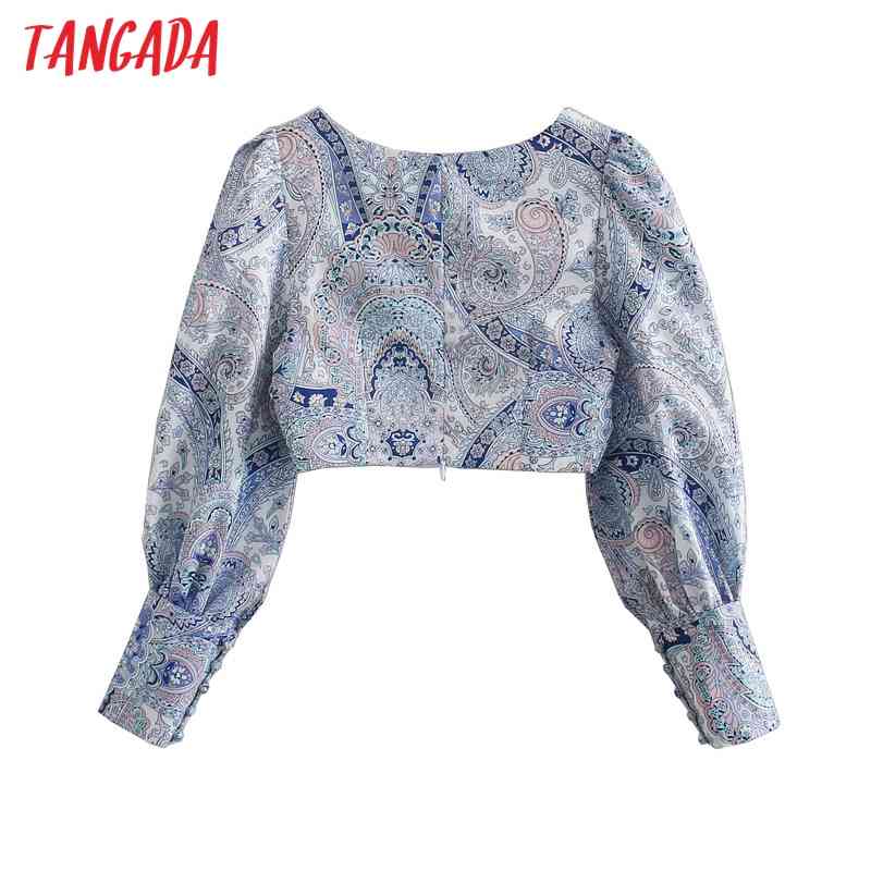 Women Retro Print Crop Chiffon Shirt Summer Blouse Long Sleeve Chic Female Tops 4N09 210416