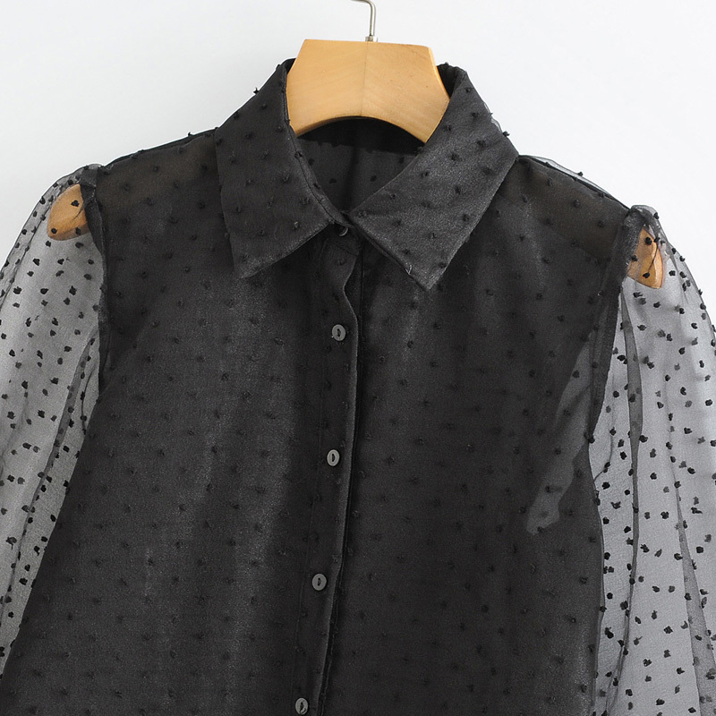 Vintage Transparent Jacquard Blouses Women Fashion Turn Down Collar Shirts Elegant Ladies Lantern Sleeve Tops 210520