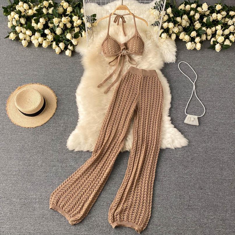 two piece suit summer design womenpant knitted set backless halter short chic hollow wide leg long pants, White
two piece suit summer design womenpant knitted set backless halter short chic hollow wide leg long pants, White