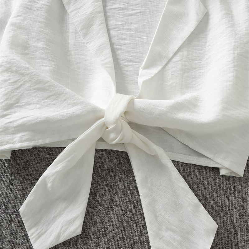 PUWD Casual Women V Neck Bow Lace Blouse Summer Fashion Ladies High Street Shirt Female Solid Color Top 210522