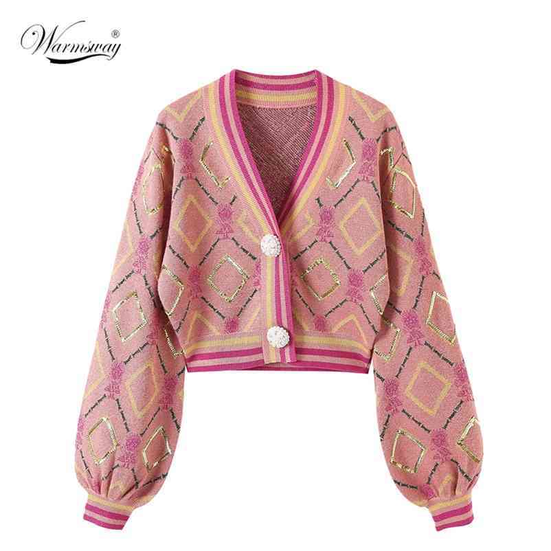 Fashion Spring Fall Knit Cropped Cardigan Lantern Sleeve Casual V-Neck Slim Argyle Women Sweater Outwear High Quality C-180 210522