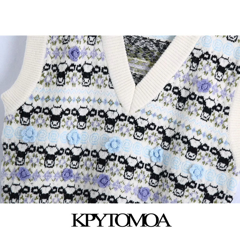 Women Fashion Floral Jacquard Loose Knitted Vest Sweater V Neck Sleeveless Female Waistcoat Chic Tops 210420