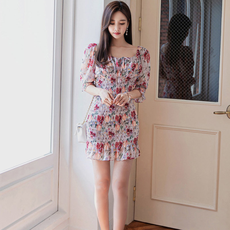 Korean Style Square Collar Puff Sleeve Chiffon Dress Women Floral Print Slim Waist Vintage es Fashion Summer Pleated 210506