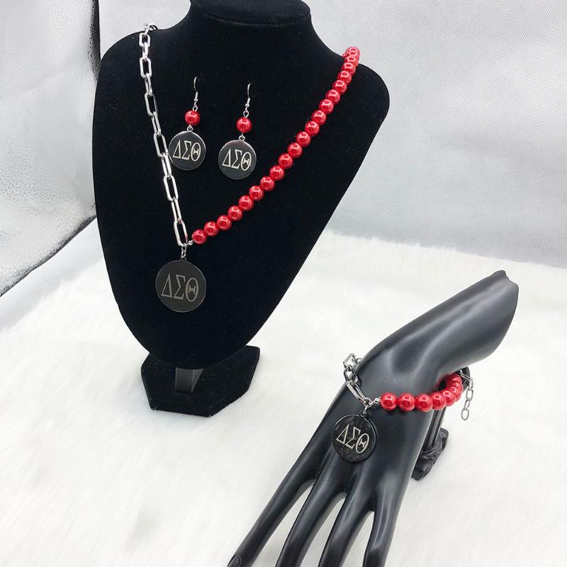 Earrings & Necklace Hand Made Greek Sorority DST Logo Red Pearl Stainless Steel Splicing Irregular Buckle Pendant Jewelry, Silver
Earrings & Necklace Hand Made Greek Sorority DST Logo Red Pearl Stainless Steel Splicing Irregular Buckle Pendant Jewelry, Silver