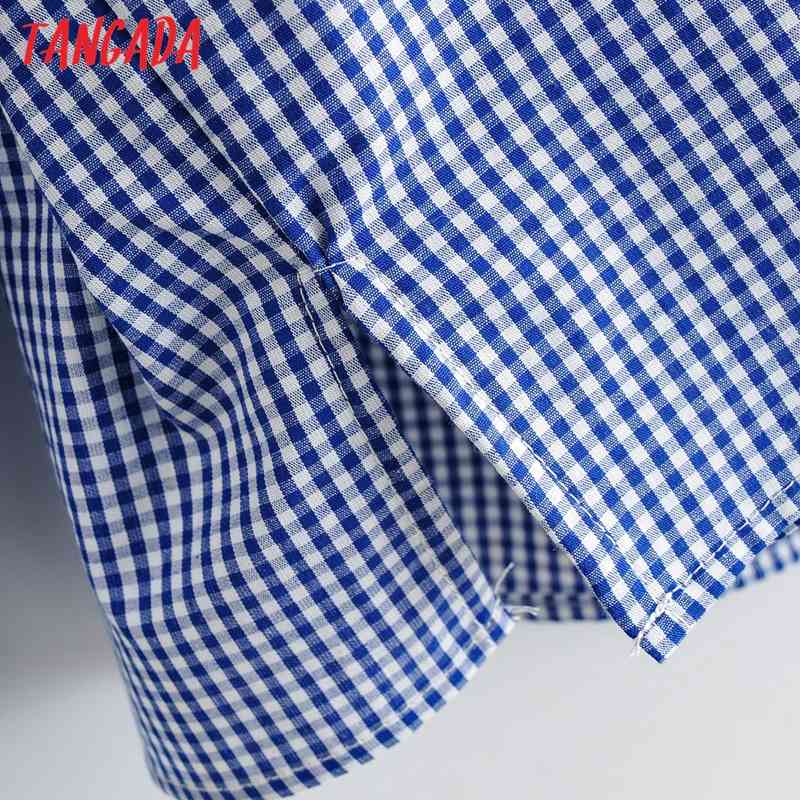 Women Retro Lace Patchwork Blue Plaid Blouse Long Sleeve Chic Female Shirt Tops YI13 210416