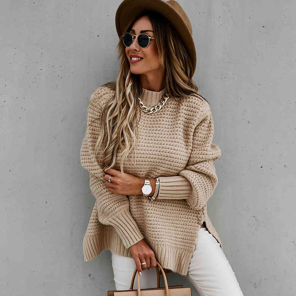 Woman Sweaters Side Slit Casual Ladies Solid Black Ribbed Knitted Jumper Pullover Tops Autumn Winter Clothes Fall Fashion 210415