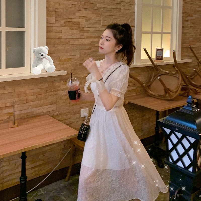 Summer French Elegant Midi Dress Women V-neck Short Sleeve Evening Party Dress Female Fairy Beach Dress Korean 210521