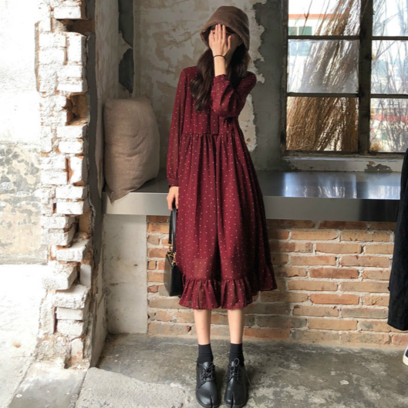 Women Chiffon Dress Spring Summer New Fashion Female Long Sleeve Vintage Printed Dot Lace Up Loose Casual A-line Dresses 210409