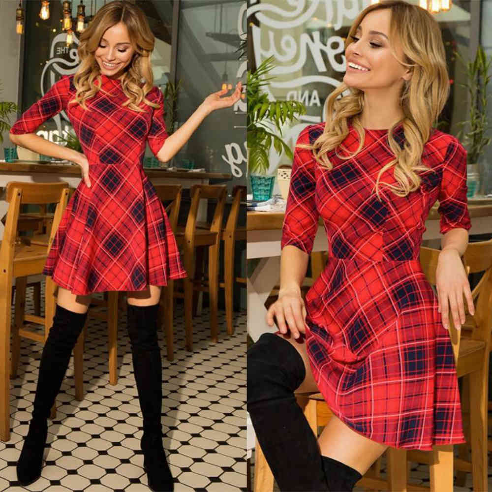 New Winter Xmas Red Plaid Dress 3/4 Sleeve Scottish Plaid Slim Dress Cotton Plaid Mini Christmas Dress Party Vestidos D30 210331