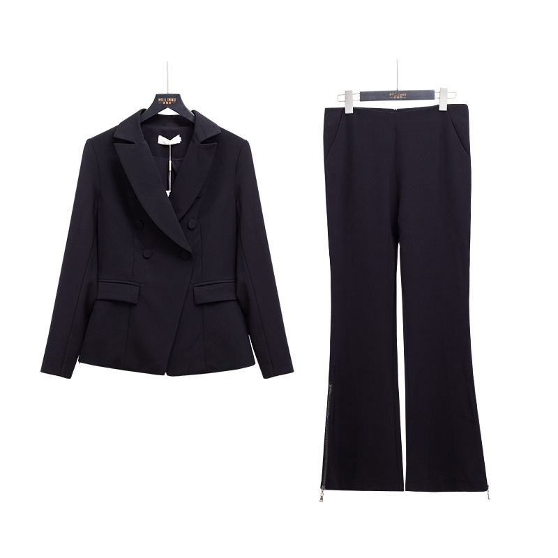 Fashion Business Pant 2 Two Pieces Office Formal Double Breasted Jacket and OL Long Pant Black Blazer Set Women Suits 210518