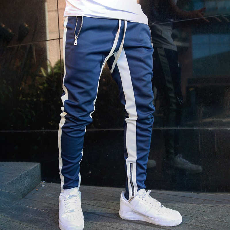 Men Jogger Pants Fitness Bodybuilding Gym Long Pants Spring Autumn Side Stripe Zippered Casual Fashion Men Sweatpants Trousers 210930