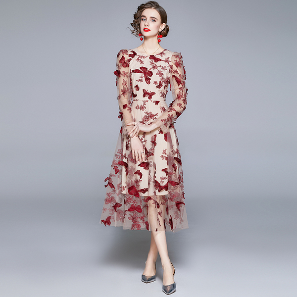 Vintage Mesh Butterfly Embroidery Dress Vestidos Women Spring Elegant O-Neck Puff Sleeve High Waist Slim 210519