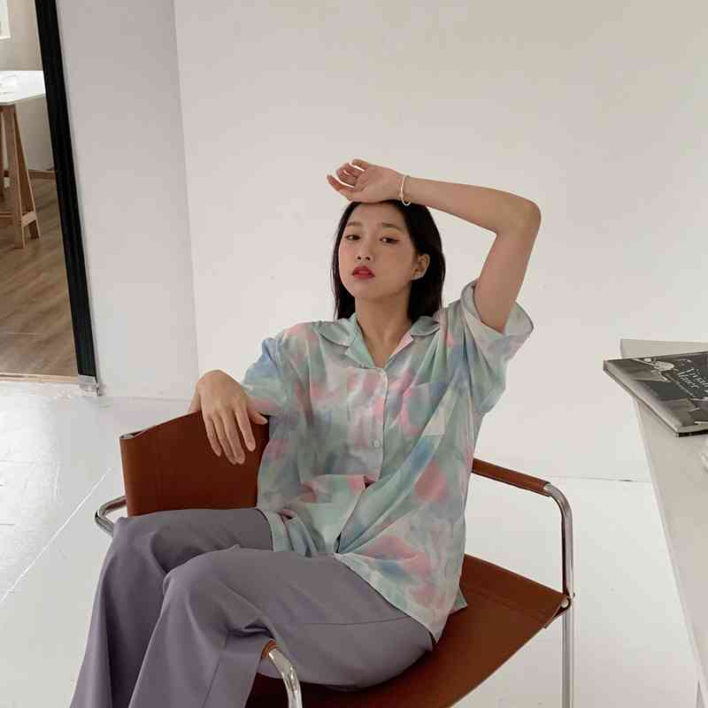 Femme High Street Printed Oversize Gentle Short Sleeves Tops Dying OL Students Casual Summer Brief Outwear Shirts 210421