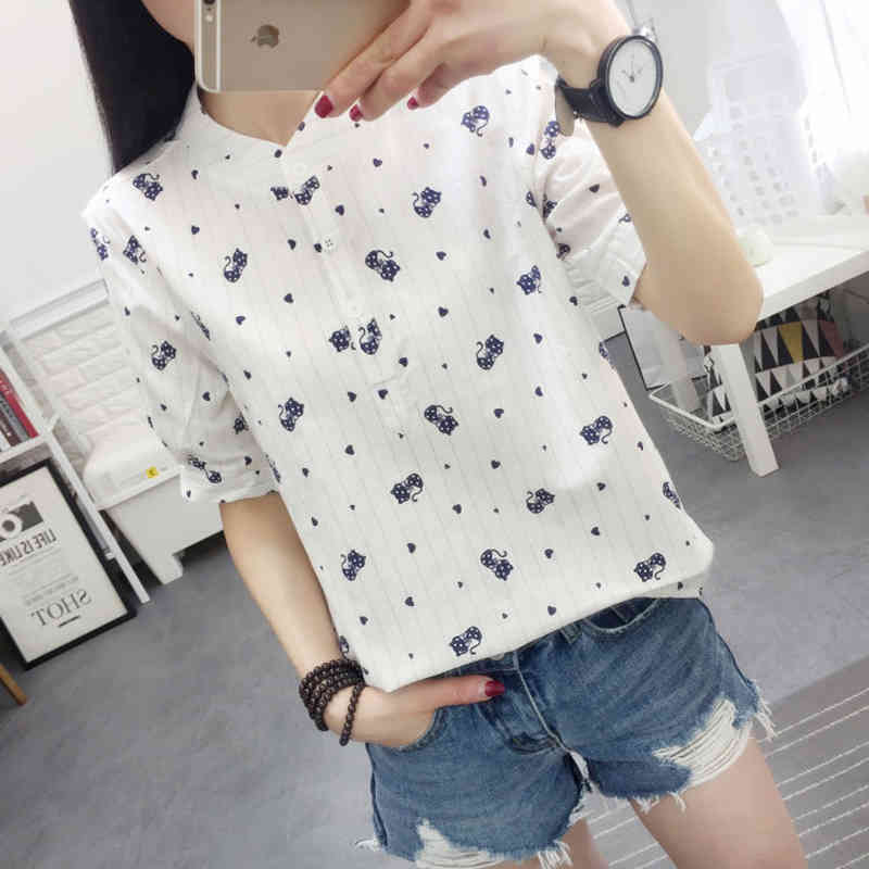 Embroidery Women Spring Summer Style Cotton and Linecn Blouses Shirts Lady Casual Stand Collor Short Sleeve Blusas Tops DF2985 210401