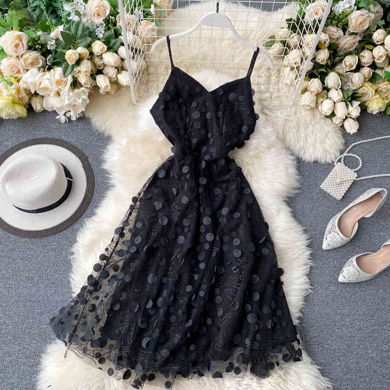 Summer Women Sexy V Neck Spaghetti Strap Party Dress Slim High Waist Backless Polka Dot Tulle Fairy Dress Vestidos 210521