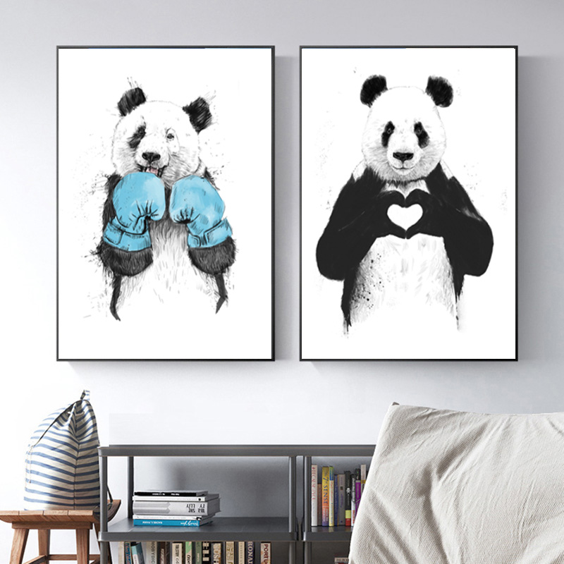 Cute Panda Poster Wall Art Canvas Painting Abstract Black And White Animal Picture HD Print For Living Room Home Decor No Frame