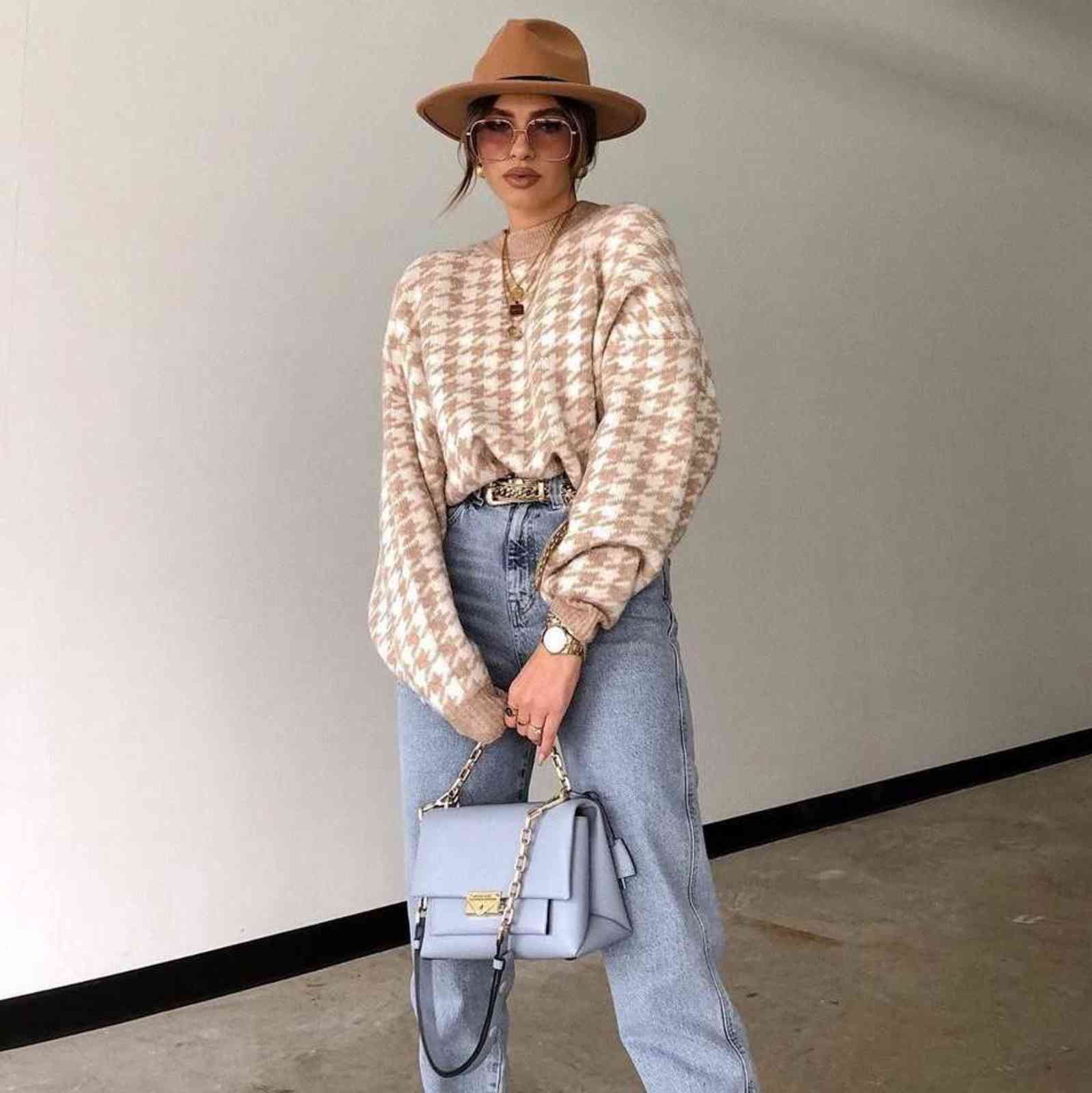 Women Casual Houndstooth Lady Pullover Sweater Female Autumn Winter Retro Jumper Women Geometric Blue Knitted Sweater Femme 211109