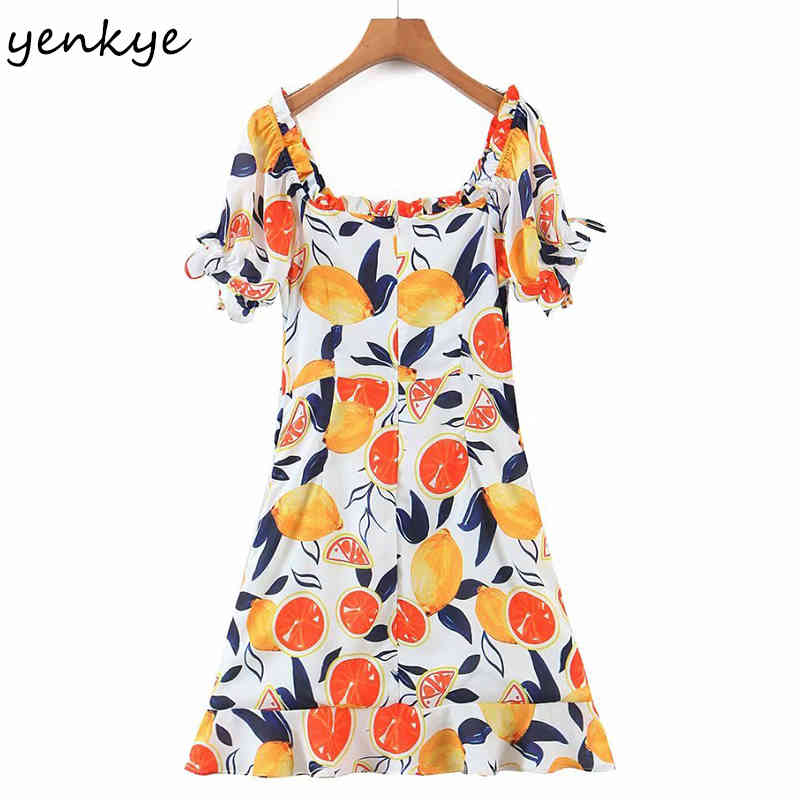 Multicolor Fruit Print Summer Dress Women Front Drawstring Sexy V Neck Short Sleeve A-line Mini Prairie Chic Robe 210430