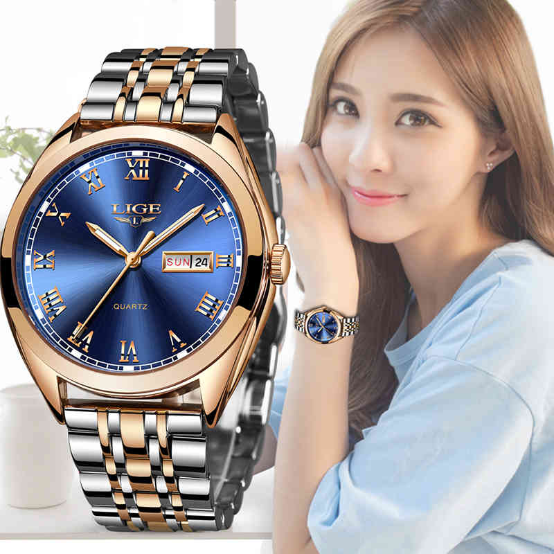 LIGE Rose Gold Women Watch Business Quartz Watch Ladies Top Brand Luxury Female Wrist Watch Girl Clock Relogio Feminino 210517, Rose gold blue